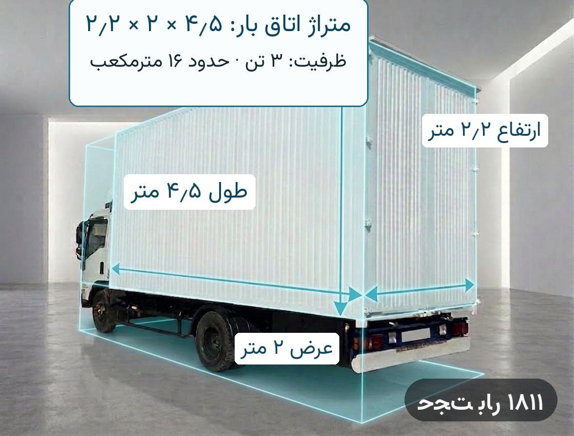 خاور فوتون مسقف — طول اتاق بار ۴٫۵ متر، عرض ۲ متر، ارتفاع ۲٫۲ متر