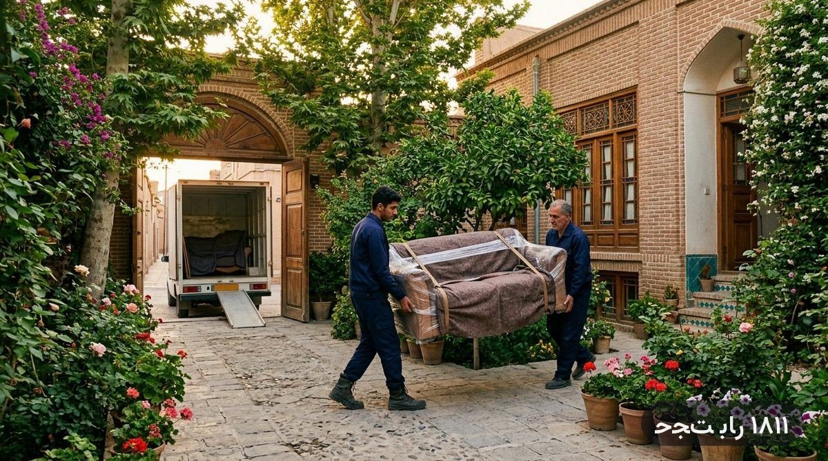 کارگران حجت بار هنگام حمل مبل در حیاط خانهٔ مشتری
